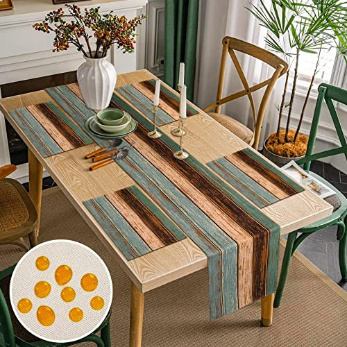 Tischläufer Türkis und Tischsets 4er Set Blau Grün und Braun Hölzern Streifen Tischdecke Abwaschbar Polyester Tischdeko Outdoor Wetterfest Tischläufer Platzsets Set für Drinnen und Draußen 40x140cm