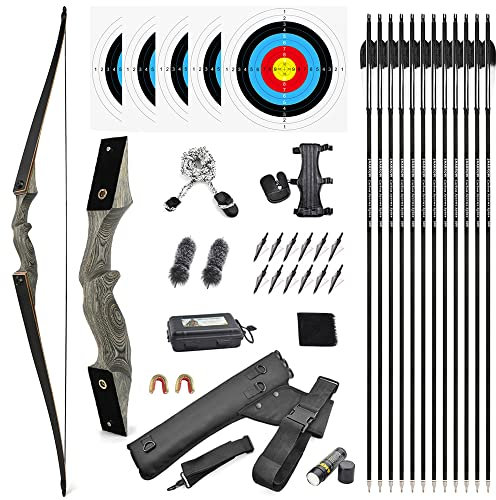 SHARROW 60 Bogenschießen Langbogen Traditioneller Jagdbogen Takedown Recurve Bogen und Pfeile Set Erwachsener Longbow 20-60lbs Rechtshänder und Linkshänder (60lbs, Rechte Hand:Schwarz)