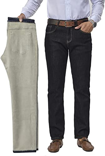heipeiwa Men's Fleece Lined Winter Thermal Jeans Straight Leg Warm Casual Business Denim Pants