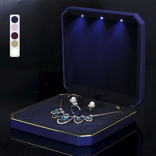 HSLFUAI Necklace Box with Led Light,Jewelry Box for Necklace,Jewelry Gift Box for Wedding, Birthday, Valentine' Day, Mother'S Day, Christmas,Black Velvet Interior Necklace Box(Blue)
