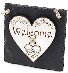 Skifferskylt Welcome med graverat trähjärta – skylt ytterdörr ingång dörrskylt dörrdekoration hjärta lanthus välkomstskylt 11 x 11 cm