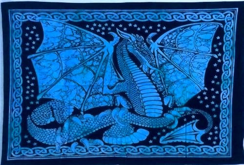 AVA Collections Dragon Tapestry Blue Wall Hanging Animal Print Cotton Tie Dye Small Wall Hangings Decor Boho Hippy Bedroom Living Room Décor 102x76 cm (Blue, Large Dragon)