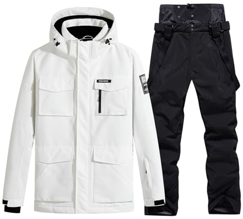 HOUZONIY Traje de esquí para hombre, transpirable, cortavientos, pantalones de nieve, chaqueta de nieve con capucha desmontable para esquiar, snowboard