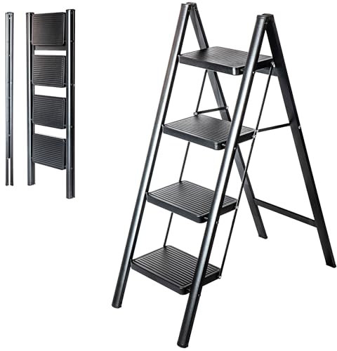 HOSTROM Escabeau 4 marches FOLDPACT4, Echelle Marche Pied Pliable, Design Ultra-Compact, Marches Larges 17,5 cm, Acier, Etagère temporaire, Garantie 5 Ans