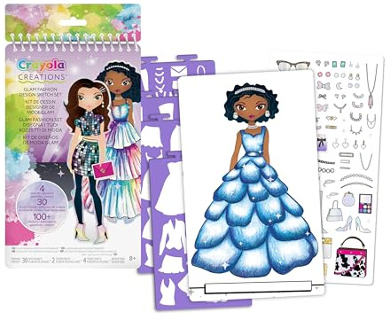 CRAYOLA Creations - Glam Fashion Set, Disegna la tua collezione di moda, Set da disegno con Stencil e Stickers, Attività Creativa per Bambine, da 8 anni, 04-1273