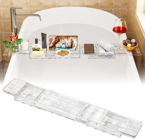 Plateau Baignoire, Pont de Baignoire Extensible, Pont de Baignoire en Acrylique, Contenir Un Téléphone, Un Ipad, Verre à Vin, avec Accessoires de Salle de Bain