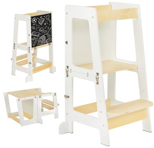 Youyijia 3-in-1 Toddler Learning Tower Kids Step Stool & Mini Desk with Safety Rail, Toddler Steps Stool with Black & Whiteboard for Kitchen Counter, Mothers' Helper (White)