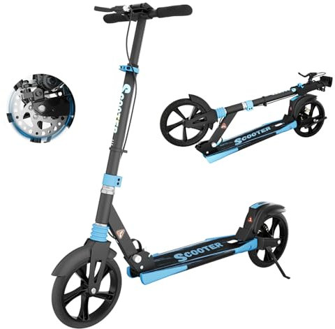 MEE GOO Scooter per adulti – pieghevole con freno a disco e doppio ammortizzatore, ruote in poliuretano da 200 mm, cuscinetti a sfera ABEC-7, tavola antiscivolo (rosa/bianco/blu) – max. 100 kg (nero)