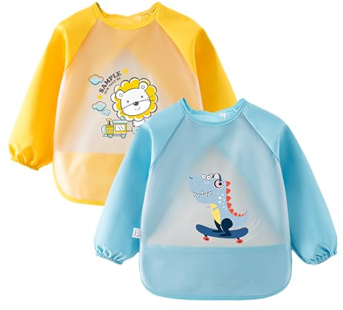 Lvjkes bavaglini pappa svezzamento, bavaglino con maniche, 2 pack grembiule per bambini da pulire per neonati da 2 a 4 anni, resistente alle macchie e agli odori, blu e giallo