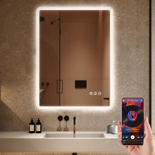 Ratsamee Bluetooth Espejo Baño con Luz 60x80cm, Espejos de Baño con LED con Antivaho, Regulable, 3 Colores Luz, Función Memoria