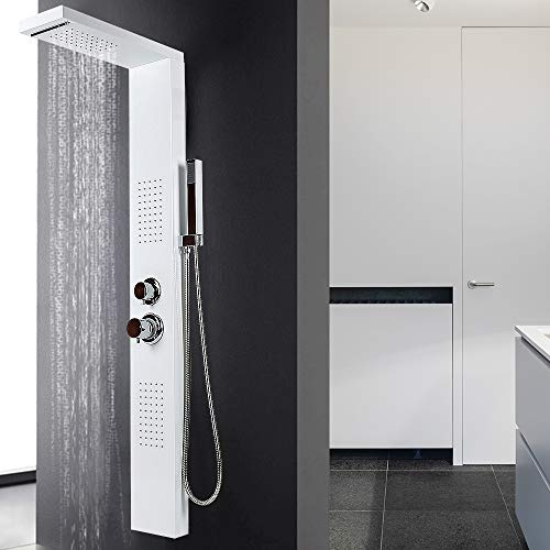 Sistema Pannello Doccia, 5 Modalità Doccia, colonna spazzolata, effetto pioggia, doccetta a mano, massaggio, cascata-15 * 47 * 130 cm - bianco