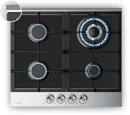 Klarstein Verosteel Plaque de Cuisson Gaz 60cm – 4 Brûleurs, 8000W, Verre & Acier Inoxydable, Allumage Électrique, Sécurité Anti-Flamme, Compatible GPL & Gaz Naturel