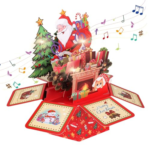 BTFO Carte Pop Up Noël avec Enveloppe, 3D Thème Père Noël Carte de Vœux Musicale pour Amis Membres la Famille Décoration Festive & Célébration