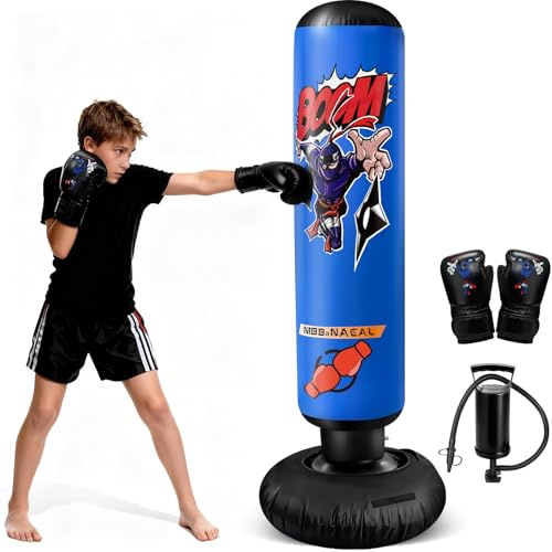 NIBBaNACAL Punching Bag for Kids 8-12, 63 Ninja Inflatable Boxing Bag with Gloves, Kids Punching Bag Gifts for Boys & Girls, 5-in-1 Boxing Set for Practicing Karate & Taekwondo