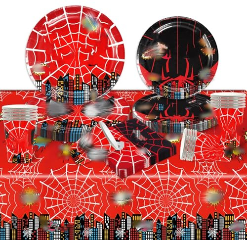 Birthday Party Tableware Kids- 51PCS Hero Birthday Party Decorations Cartoon Themed Party Favor Supplies Paper Plates Cups Napkins Tablecloth for Boys Girls Baby Showers Deco