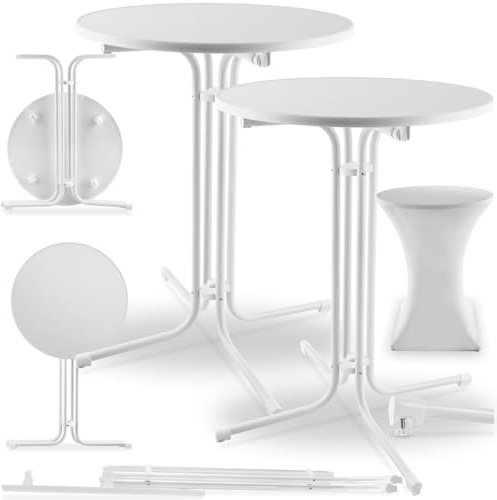 tectake® Set da 2 Tavolo Alto Pieghevole da Ristorante, Copertura 90 x 110 cm, Tavolo Bistrot, Tondo Pieghevole, Piano MDF Removibile, Telaio in Acciaio, Piedi in Plastica, Tavoli da Bar - Bianco