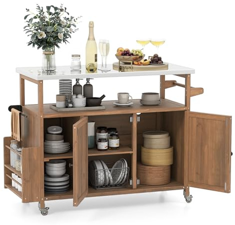 COSTWAY Carrito de Barbacoa de Madera Abeto, Isla de Cocina Exterior con Ruedas Bloqueables, Armario, Estante Abierto y Compartimentos, Mueble para BBQ para Picnic, Fiesta, 130 x 47 x 92 cm