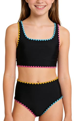 InfiniZer Ensemble bikini 2 pièces pour fille de 6 à 15 ans, bords contrastés colorés, bustier et slip de bikini, maillot de bain sportif pour la plage et la piscine