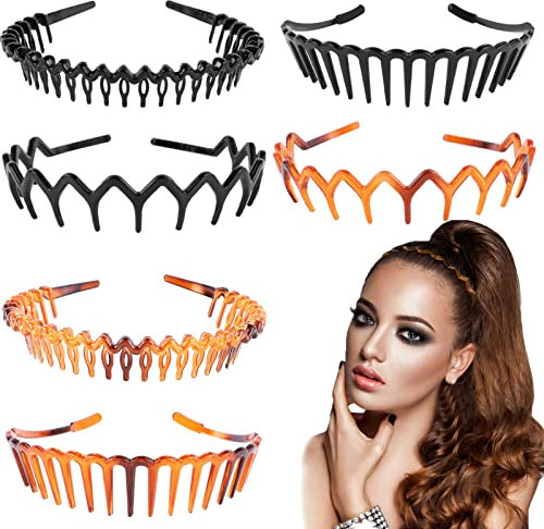 6 Pcs Tooth Headband for Women Girls, Plastic Hair Bands Wavy Hair Comb Headband Hard Hairbands for Hair Styling, 3 Styles(Black/Brown)