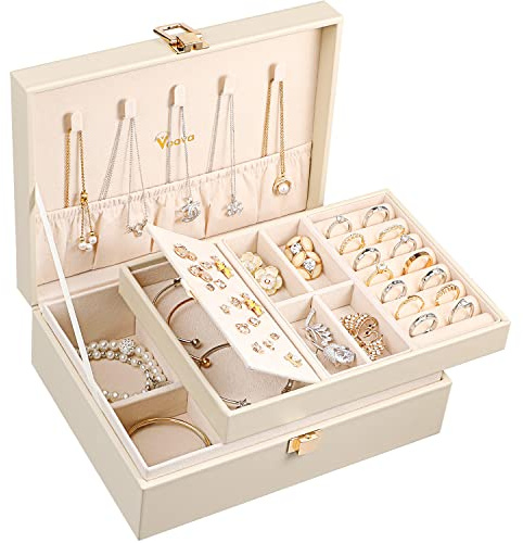 Voova Jewelry Box Organizer for Women Girls, 2 Layer Large Men Jewelry Storage Case, PU Leather Display Jewellery Holder with Removable Tray for Necklace Earrings Rings Bracelets, Vintage Gift,Apricot
