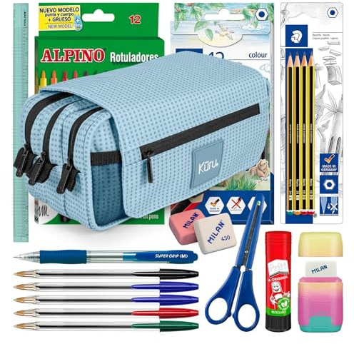 ColePack Kuru – set med trippel skolpärm med 3 dragkedjor och skolmaterial från toppmärkena ingår (blå)