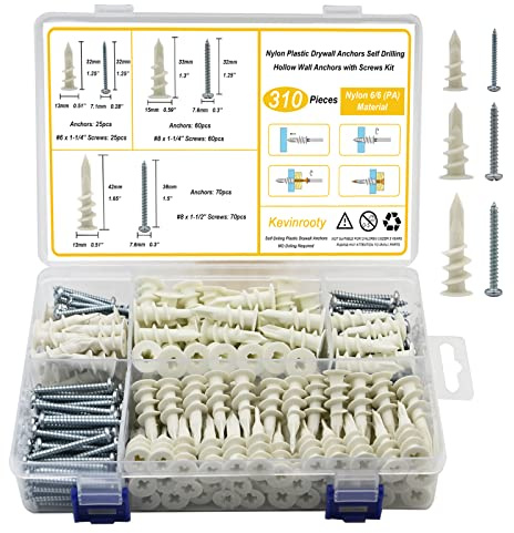 Kevinrooty 3 Sizes Self Drilling Drywall Anchors, 310PCS Nylon Plastic Wall Anchors and Screws for Drywall, No Pre Drill Hole Preparation Required,13x32mm,15x33mm,13x42mm