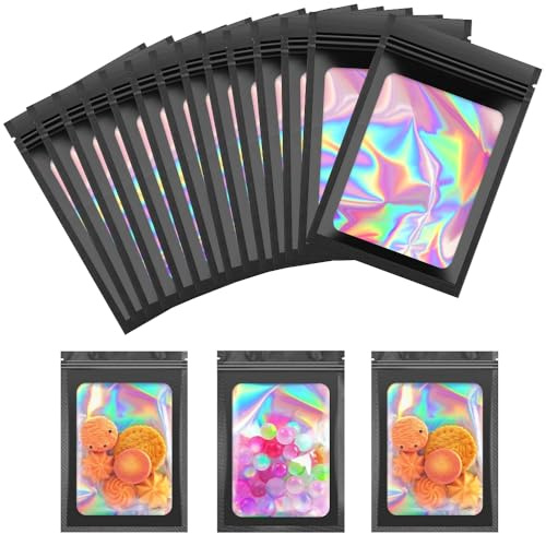 100 Pcs Mylar Zip Lock Bags Holographic Mylar Bags Smell Proof Grip Ziplock Bag Black Foil Pouch Bag Resealable Ziplock Baggies Sample Pouch for Candy Snack Jewelry Lash Lip Gloss (7.5 * 12cm)