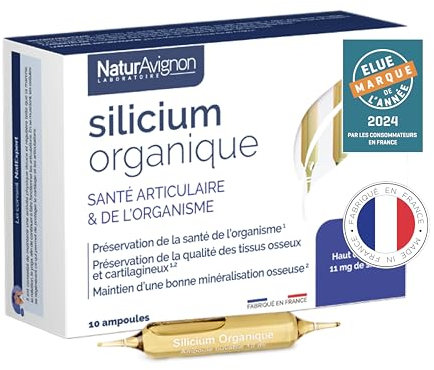 NaturAvignon Silicium Organique liquide (ampoules) | Articulation, cartilage, os, systeme immunitaire adulte | Silicium 4 X plus biodisponible | silice naturelle, complexe articulaire | 10 ampoules