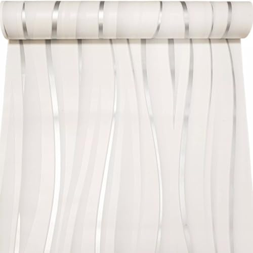 SOPHIE LAURENCE White & Silver Wave Textured Effect Wallpaper – Quality Paper, Washable, 5.3sqm Coverage, 0.53m x 10.05m Roll, Modern Metallic Finish for Any Room