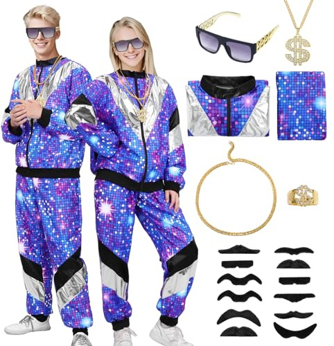 Kicpot Men’s 80s Costume 80s 90s Outfit for Men Tracksuit Costume Hip Hop Set Disco Windbreaker Couples Track Suit (S)