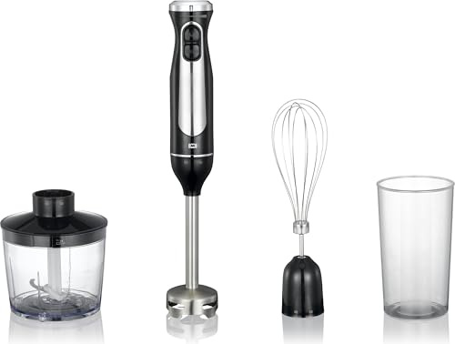 Melissa 16210069 Hand Blender Black - 600 Watt Powerful Mixer with 2 Speed Levels and Continuous Setting, Includes Mini Chopper (0.5 L), Whisk, 0.7 L Container