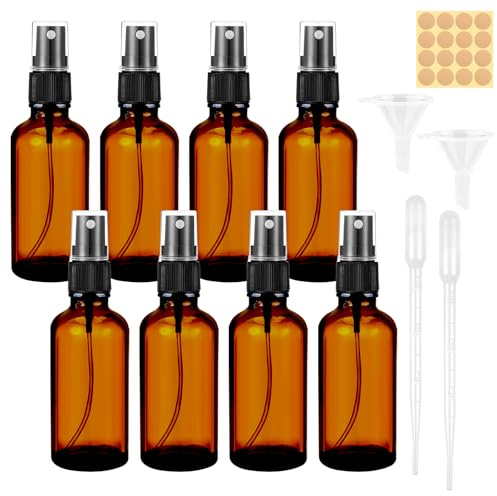 Maxmoc 50 ml, flacone spray in vetro marrone, 8 pezzi, piccolo vetro, nebulizzatore ricaricabile con imbuto, contagocce ed etichette per acqua, alcool, cosmetici, profumo, aromaterapia