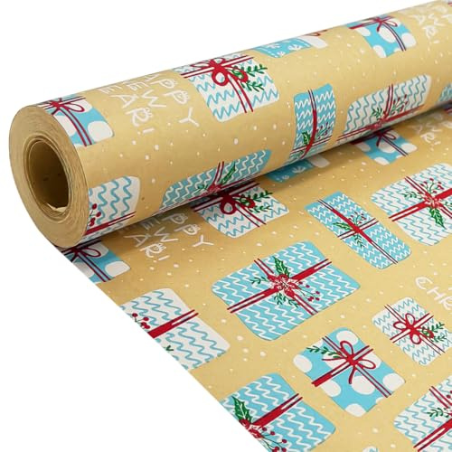 Rotolo di carta da regalo per Natale: carta da regalo Kraft 43 cm x 15 m carta natalizia con motivo festivo blu per incartare i regali