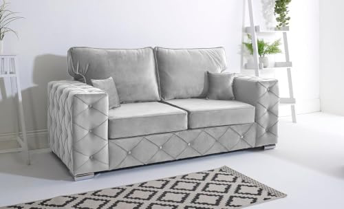Sofahub Milton Plush Velvet 3 Seater Sofa - Three Seater Settee With Foam Cushions | Living Room Lounge Couch | High Back Upholstered | Living Room Furniture | Solid Wood Frame (Silver, 3 seater)