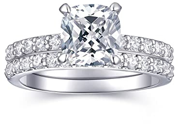 AONED Engagement Rings For Women Wedding Rings Fake Engagement Ring Set Promise Rings For Her 2 Carat 2CT Cushion Cubic Zirconia CZ Bridal Ring Sets Wedding Rings Cheap Band 2pcs, Size 8