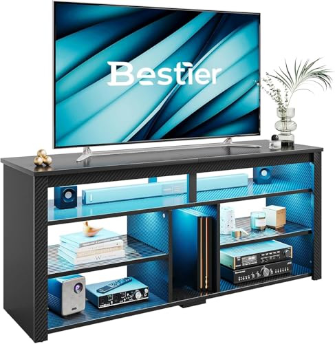 Bestier 140CM LED TV Cabinet 55-65 Inch LED TV Stand with Storage for PS4/Xbox, Adjustable Shelves Entertainment Centre, Tall Modern Media Console for Living Room (Black Carbon Fiber)