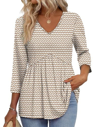 3/4 Sleeve Blouses for Women Fall Clothing Business Casual Tops for Women Summer Outfits Fashion Clothing Chocolate Brown Boho Top Maternity Clothes V Neck Peplum Tunic Tops M
