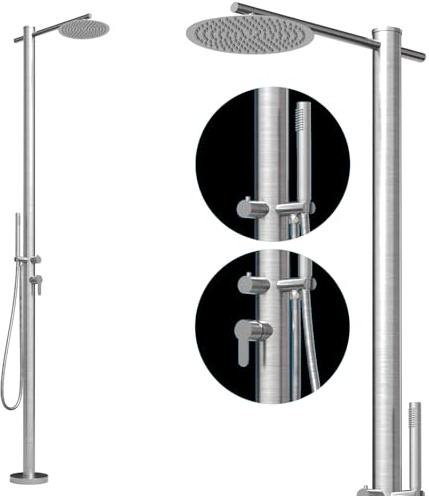 Four & More Douche de Jardin Design - Douche extérieure - Douche de Piscine - Colonne de Douche en Acier Inoxydable brossé V4A / 316 - Modèle Lanikai avec raccordement d'eau Chaude et Froide pour Le