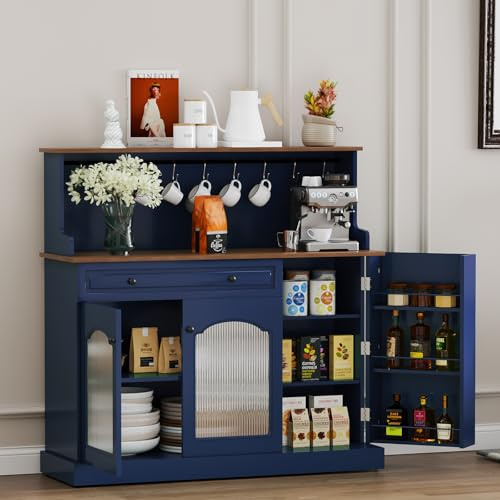 HOLTICO Kitchen Pantry Cupboard, Kitchen Microwave Cabinet with Drawer and Top Shelf, Coffee Station Cabinet Blue Storage Sideboards for Living Room, Dining Room