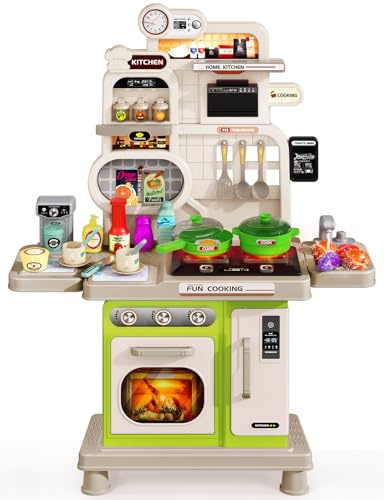 Kids Kitchen Playset, Toddler Play Kitchen Set Toys with Sound & Light, Cooking Stove, Play Sink, Play Food Kitchen Accessories, Pretend Kitchen Toy for Kids Toddlers Girls (Green)