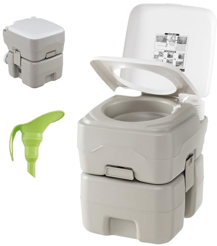 SOARS Toilette Portable Camping, WC Portable avec Pompe de Rinçage, Réservoir d'eau 20L + 10L, Charge 200 KG, Hauteur d'Assise 42 CM, Entonnoir Téléscopique, pour Camping, Voyage, Voiture, Gris