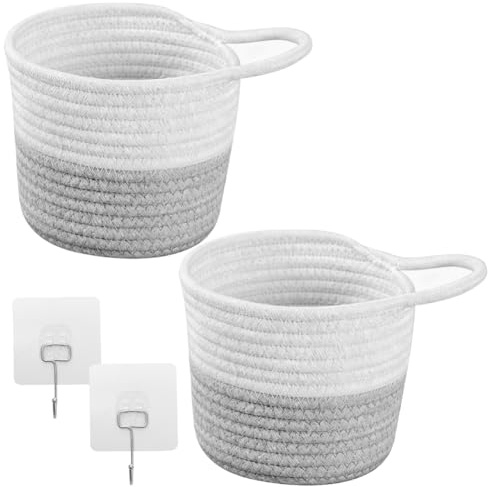 2 cesti sospesi, da parete, in corda di cotone, 15 x 16 cm, con 2 ganci, da appendere alla parete, cesto per la conservazione intrecciato, per la cucina, il soggiorno, il bagno (bianco/grigio)