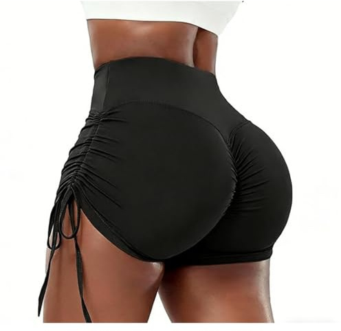 Fjquamitix Gym Shorts for Women Ruched Butt Hot Pants with Drawstring Side High Waist Tummy Control Lifting Booty Shorts for Running Gym Cycling Sports (UK, Alpha, S, Regular, Regular, Black)
