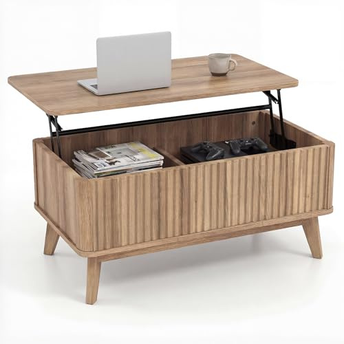 COSTWAY Lift Up Top Coffee Table, Rectangle Lifting Cocktail Center Table with Hidden Storage Compartments & Rubber Wood Legs, Accent Sofa Side Tea Tables for Living Room Office (Oak, 90x50x42/56cm)