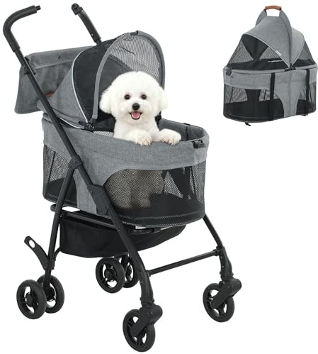 PawHut Poussette pour Chien 3 en 1 Détachable pour Petits Chiens 10kg Gris