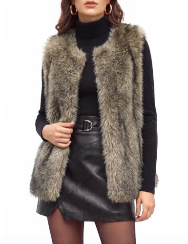 heekpek Gilet en Fausse Fourrure pour Femme Court Veste sans Manches | Hiver Poilu Chaud Gilet en Fausse Fourrure, Élégante Automne Manteaux sans Manches, Veste Ouverte avec Poches