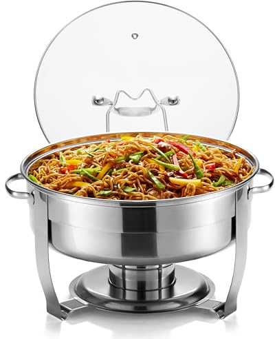 Chafing Dish for Buffet Set, by Kook, Catering Food Warmers, Round Dishes, Warmer Tray, Stainless Steel with Glass Cover and Holder, for Parties, Dinners, 4.5 Qt