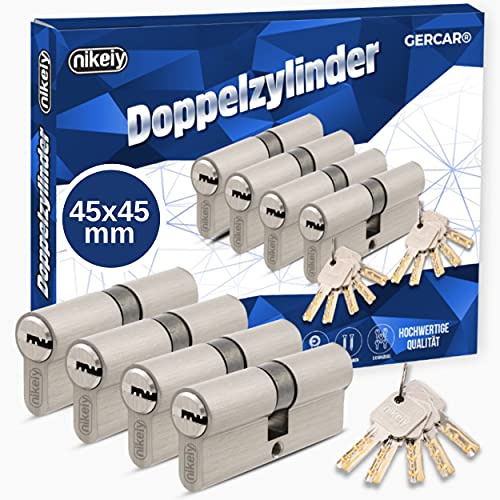 GERCAR Pro 4er Set Profilzylinder gleichschließend 90mm Schließzylinder 45/45 Doppelzylinder Zylinder - Messing matt Massiv - inkl. 10 Schlüssel - Wendeschlüssel - Länge: 90 mm, A:45 B:45-4x