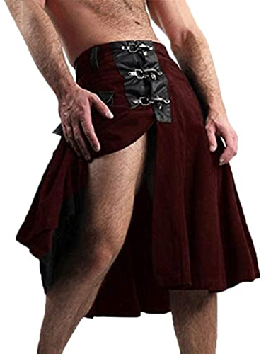 ENENEN Herr medeltida krigare kilt mode vintage gotisk punk kjol läder lappverk ficka riddarkjol, 6, L