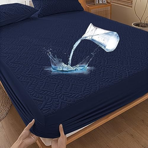 Wasserdichter Matratzenschoner 90x200cm Spannbettlaken Luxus, 3D-Muster, Super saugfähig, Atmungsaktive Matratzenbezug Wasserundurchlässiger Matratzen-Schutz Nässeschutz Spannbetttücher - Dunkelblau